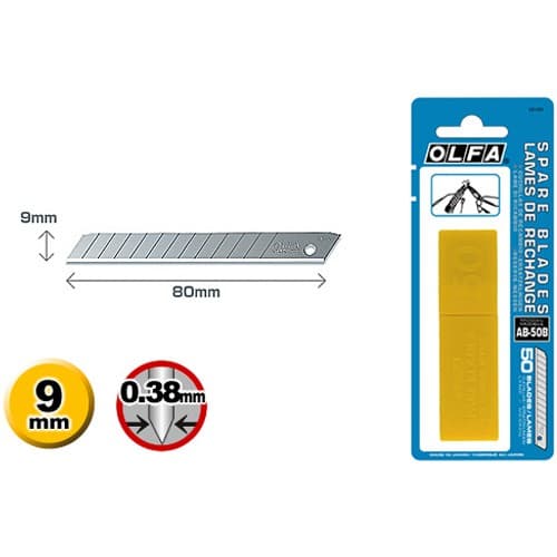 Лезвия OLFA сегментированные, 9х80х0,38мм, 13 сегментов, 50 шт OL-AB-50 B