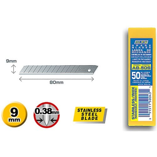 Лезвия OLFA сегментированные из нержавеющей стали, 9х80х0,38мм, 13 сегментов, 50шт OL-AB-50 S