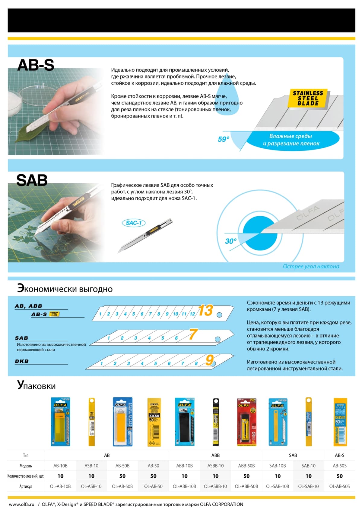 Лезвия OLFA сегментированные, 9х80х0,38мм, 13 сегментов, 50 шт, OL-AB-50 — изображение 3