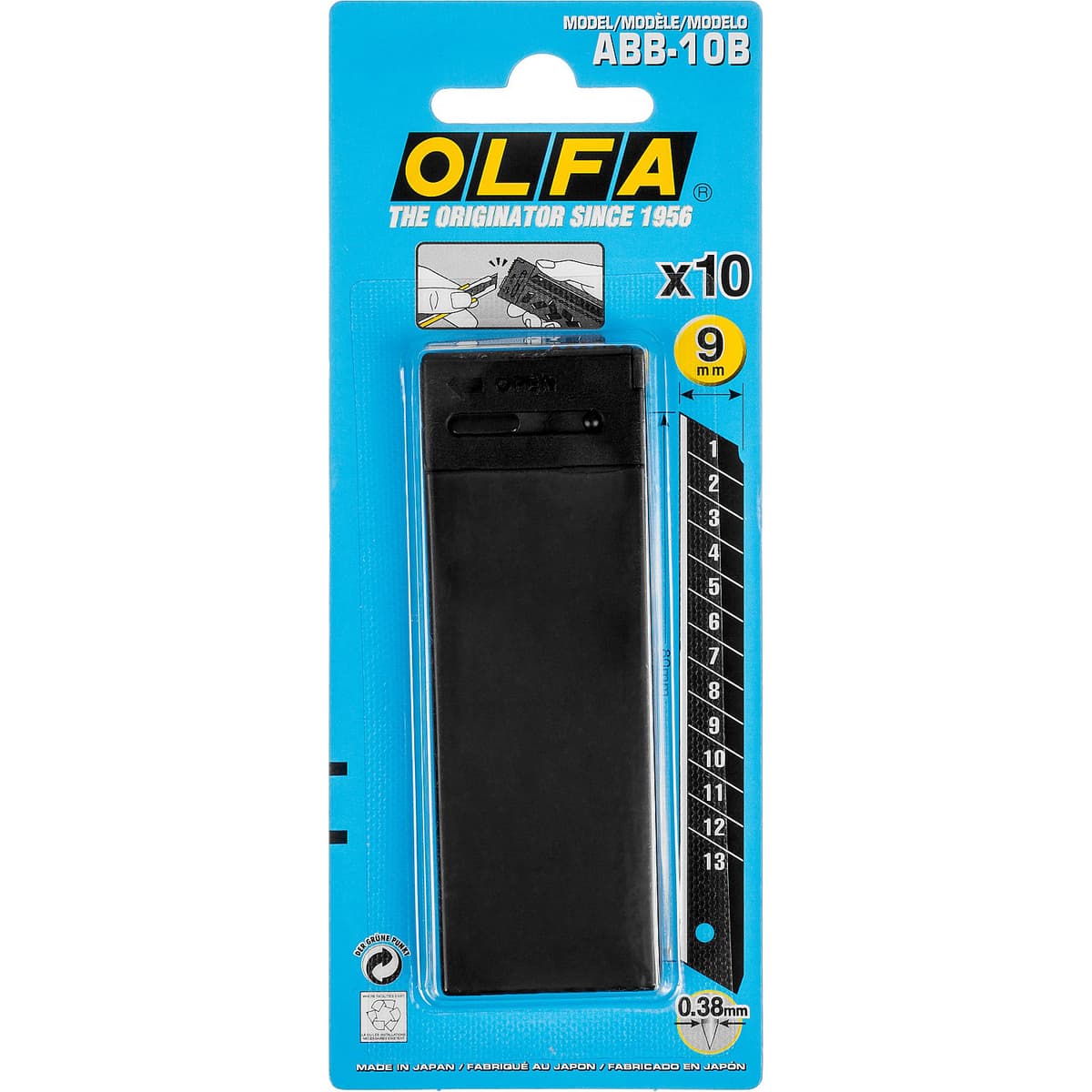 Лезвие OLFA сегментированные BLACK MAX, 9х80х0,38мм, 13 сегментов, 10шт OL-ABB-10 B